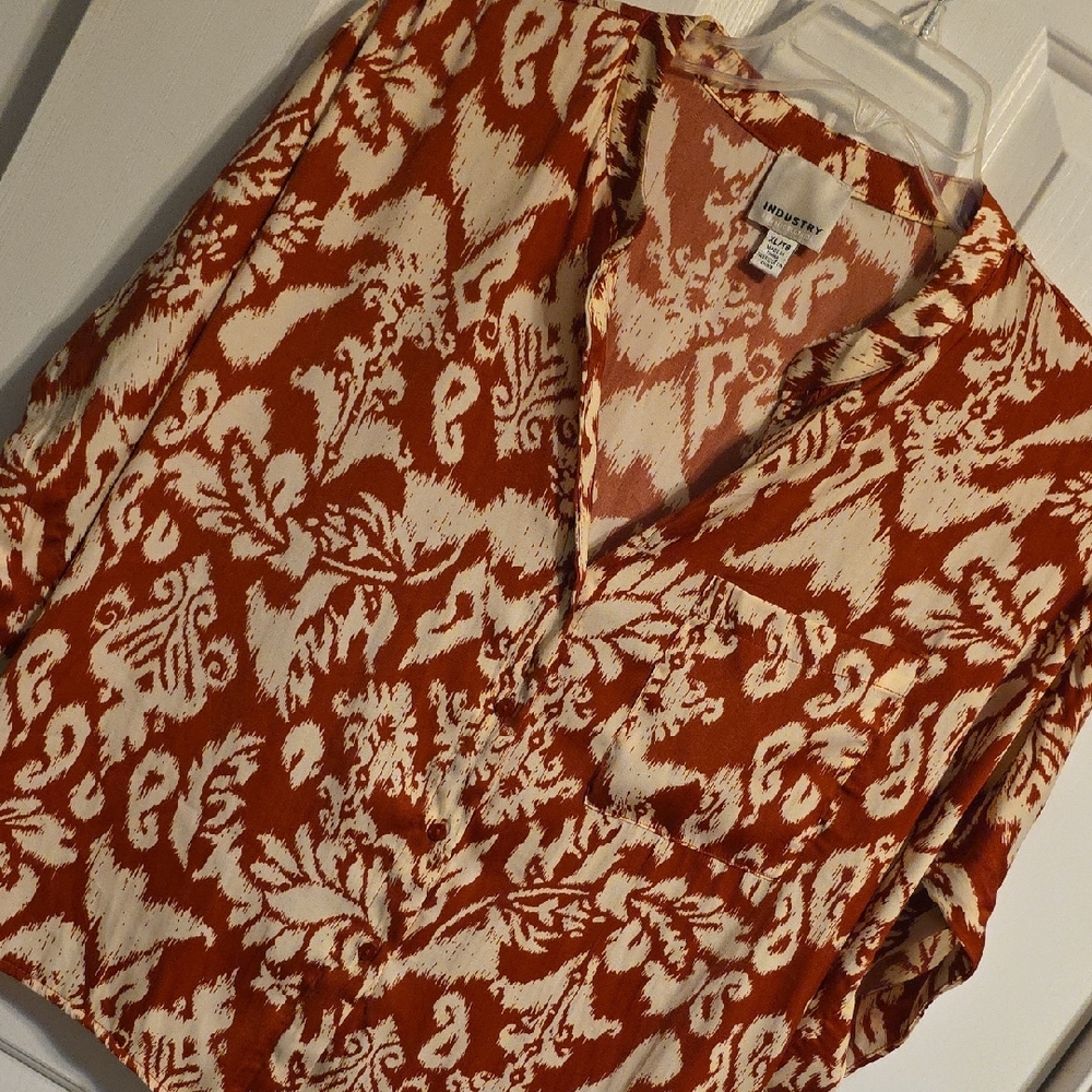 Orange and Cream Oversized Batwing Sleeve Mandarin Collar Blouse T087